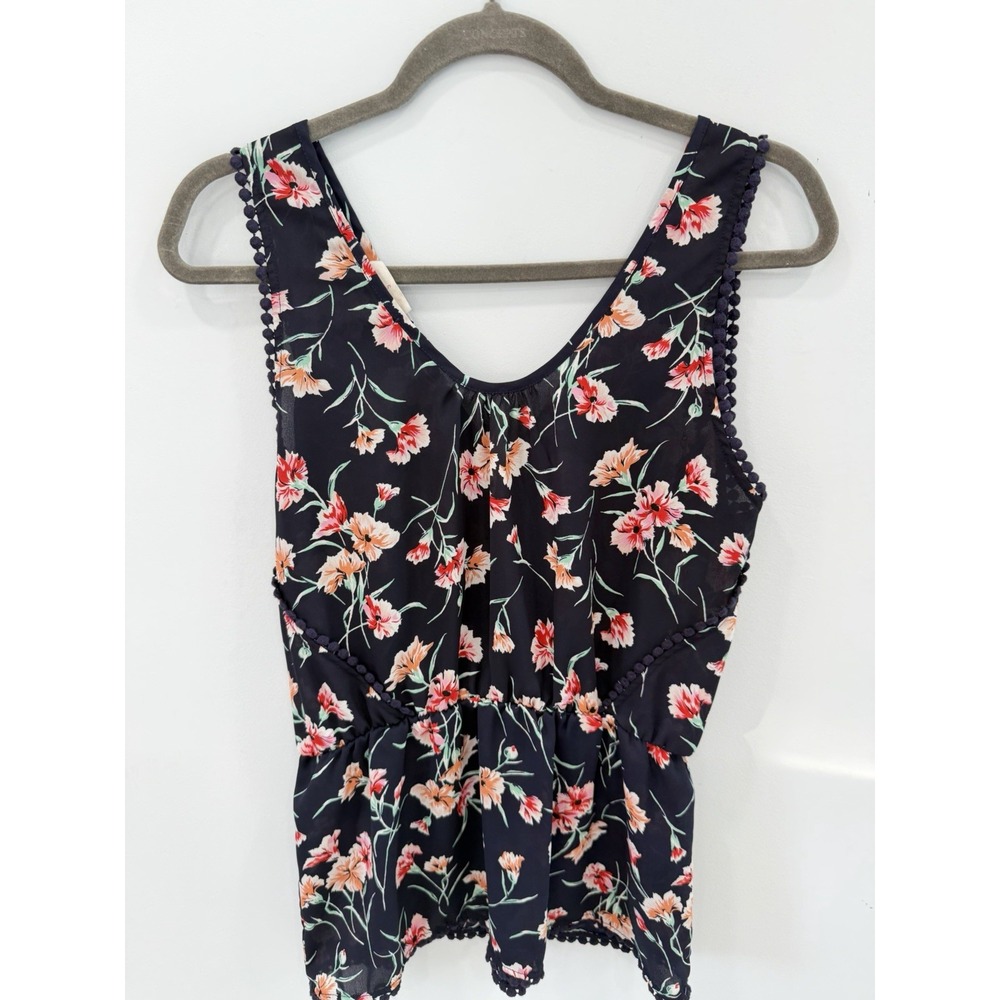 Sienna Sky Navy Floral Top Small V Neck Pom Pom Trim Sleeveless Boho - Picture 3 of 8